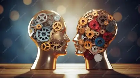 Two metallic heads face to face, each filled with interlocking gears — adaptive leadership and shared thinking