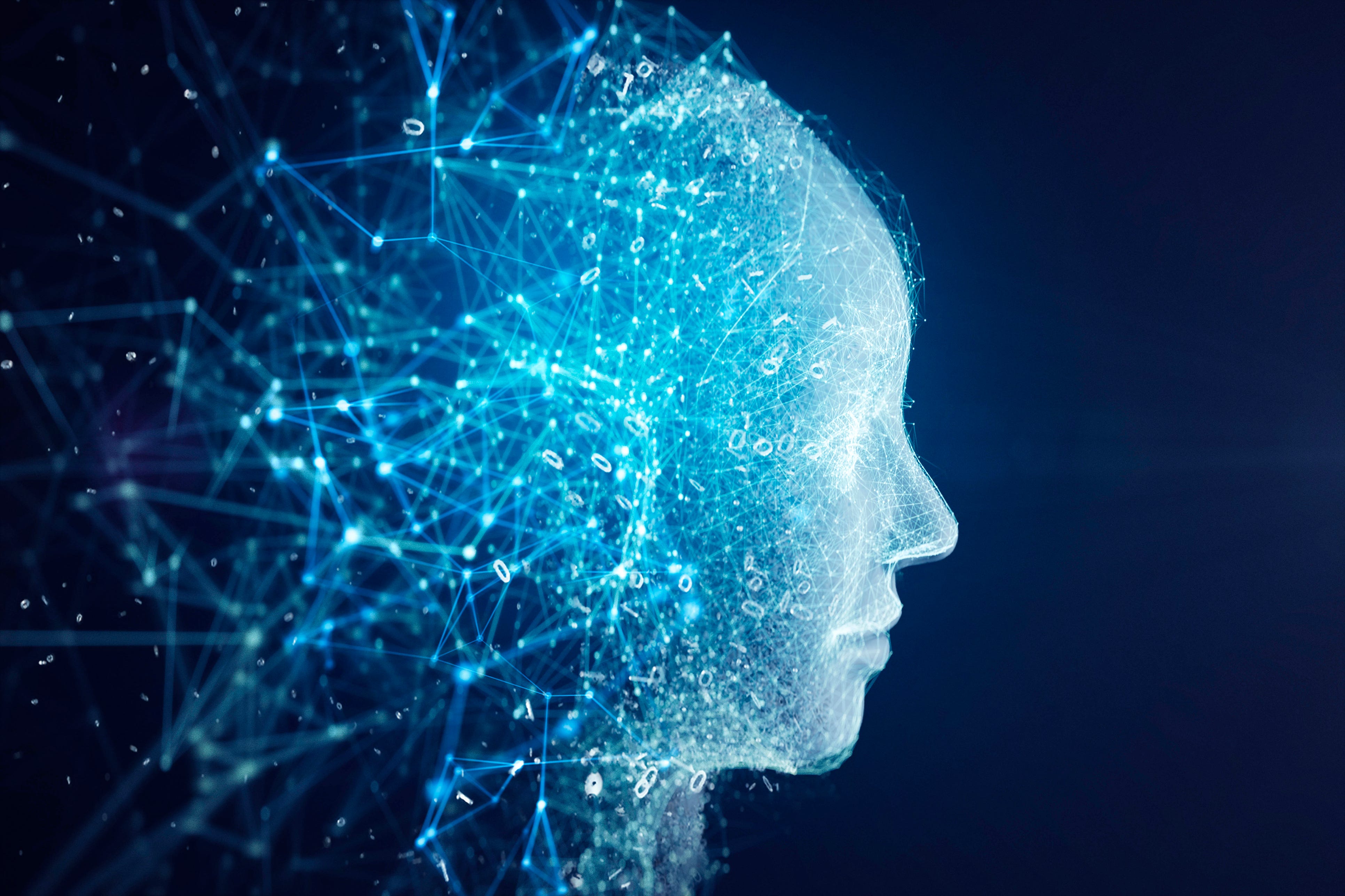 Abstract AI head formed from a network of glowing data points
